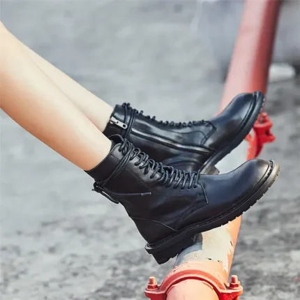 Size:4.5-9 Women Solid Color Lace-up Genuine Leather Zipper Boots - Image 4