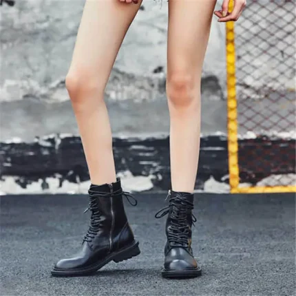 Size:4.5-9 Women Solid Color Lace-up Genuine Leather Zipper Boots - Image 6