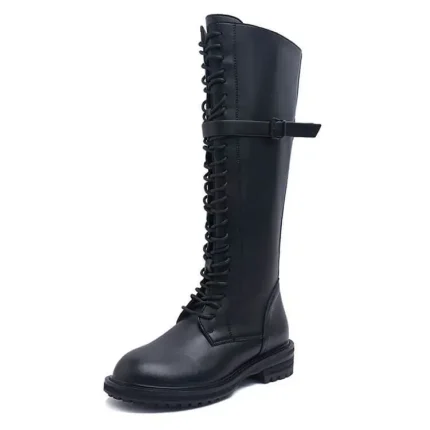 Size:4.5-9 Women Solid Color Lace-up Genuine Leather Zipper Boots - Image 8
