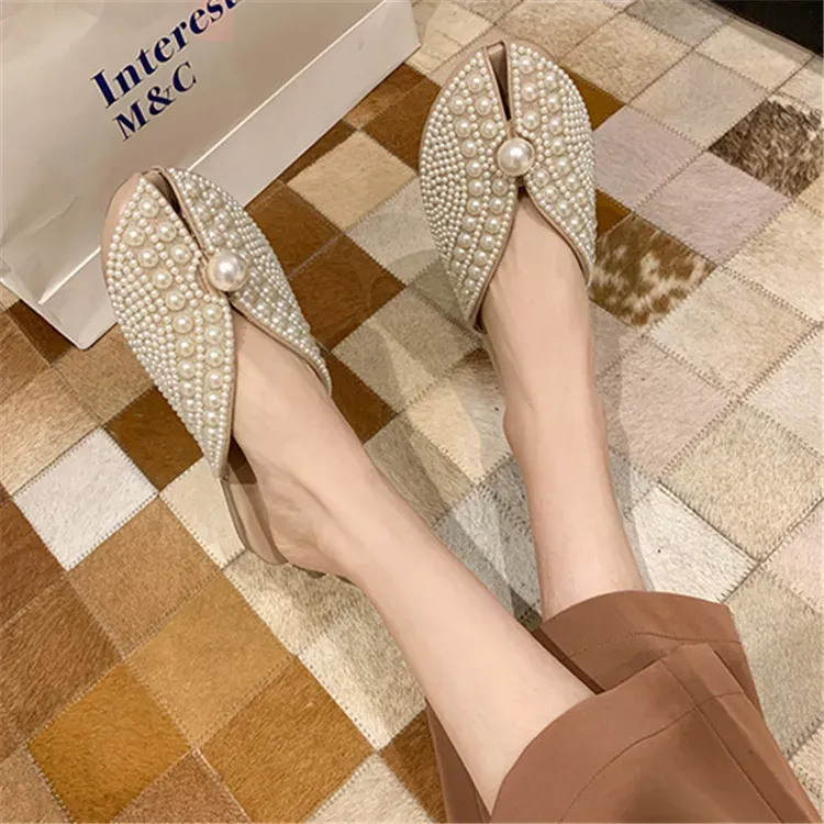327SLP1085_167581.webp Size:5-8.5 Women Fashion Solid Color Imitation Pearl Decorative Mules - Image 1