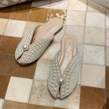 Size:5-8.5 Women Fashion Solid Color Imitation Pearl Decorative Mules - Image 3