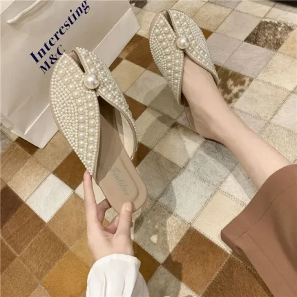 Size:5-8.5 Women Fashion Solid Color Imitation Pearl Decorative Mules - Image 5