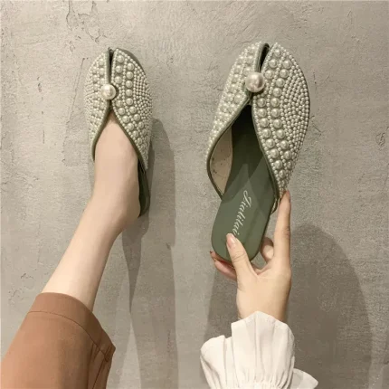 Size:5-8.5 Women Fashion Solid Color Imitation Pearl Decorative Mules - Image 6