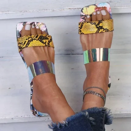 Size:5-11 Women Fashion Snakeskin Butterfly Printed Slippers - Image 4