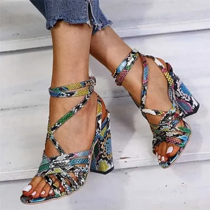 Size:4.5-11 Women Multicolor Snakeskin Printed Open Toe Block Heel Sandals - Image 3