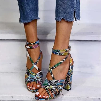 Size:4.5-11 Women Multicolor Snakeskin Printed Open Toe Block Heel Sandals - Image 4