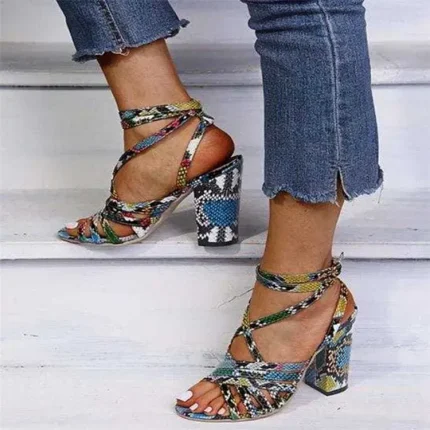 Size:4.5-11 Women Multicolor Snakeskin Printed Open Toe Block Heel Sandals - Image 5