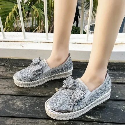 Women Fashion Creative Bow Design Rhinestone Decoration Thick-soled Platform Loafers Slip On Shoes - Image 4