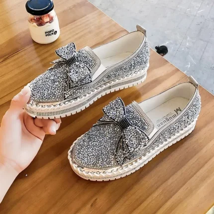 Women Fashion Creative Bow Design Rhinestone Decoration Thick-soled Platform Loafers Slip On Shoes - Image 8