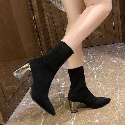 Women Edgy Autumn Solid Color Pointed Toe Block Heels Mid Calf Boots - Image 3