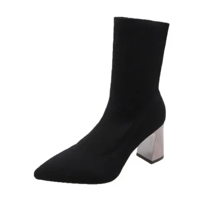 Women Edgy Autumn Solid Color Pointed Toe Block Heels Mid Calf Boots - Image 5
