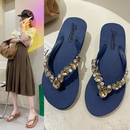 Women Summer Outer Wear Fashion Rhinestone Seaside Beach Platform Flip-Flops