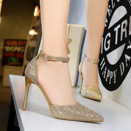 Size 4.5-8.5 Women Sweet Shiny Rhinestone Decor Buckle Ankle Strap Pointed Toe Stiletto Sandals Shoes - Image 4