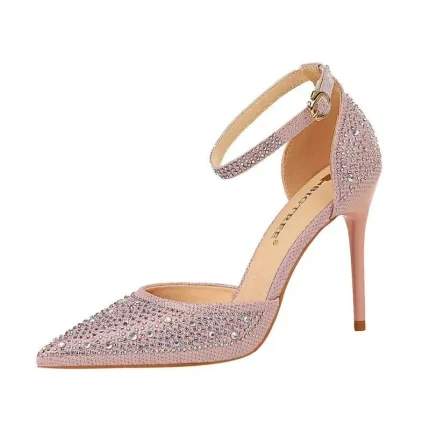 Size 4.5-8.5 Women Sweet Shiny Rhinestone Decor Buckle Ankle Strap Pointed Toe Stiletto Sandals Shoes - Image 5