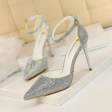 Size 4.5-8.5 Women Sweet Shiny Rhinestone Decor Buckle Ankle Strap Pointed Toe Stiletto Sandals Shoes - Image 8