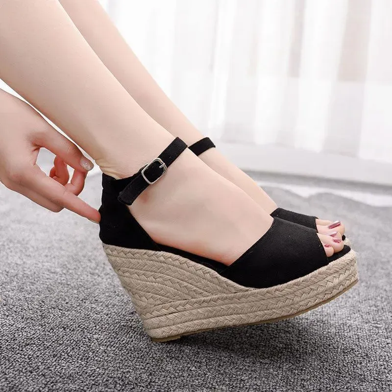 612SLP361_169478.webp Size 4.5-11 Women Fashion Boho Style Peep-toe Buckle Ankle Strap Wedge Heel Sandals Platform Shoes - Image 1