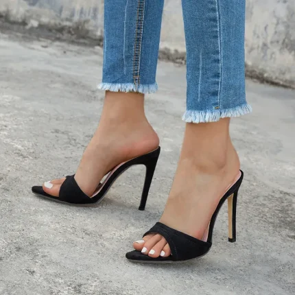 Women Simple Casual Pointed-Toe Suede Upper Solid Color Stiletto High-Heeled Outwear Slippers - Image 4