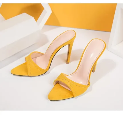 Women Simple Casual Pointed-Toe Suede Upper Solid Color Stiletto High-Heeled Outwear Slippers - Image 5