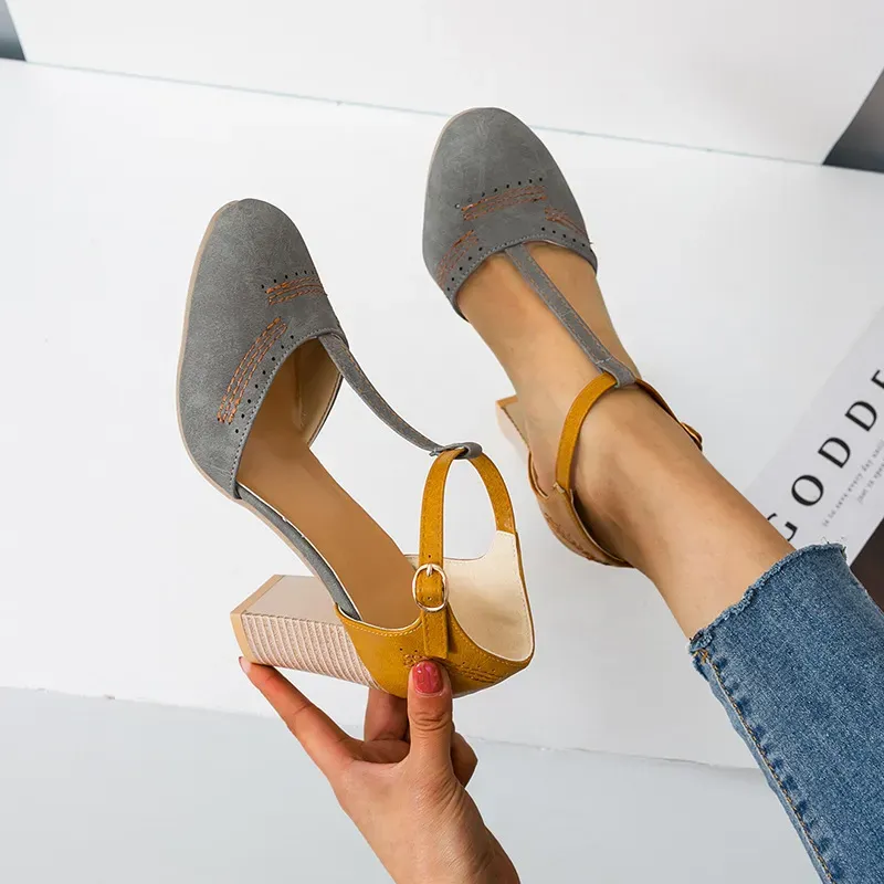 SY0626_169264.webp Size:4.5-11 Women Round Head Block Color Chunky Heels Shoes - Image 1