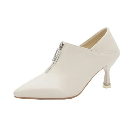 Women Stiletto Front Zipper Decor Solid Color Pu Pointed Toe Short Boots - Image 6