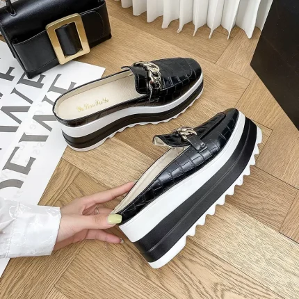 Women Fashion Casual Chain Design Crocodile Pattern Wedge Platform Slippers - Image 3