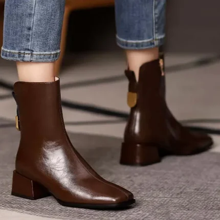 Women Casual PU Thick Heel Pointed Head Platform Side Zipper Riding Short Boots - Image 6