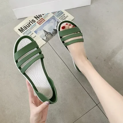 Women Summer Casual Beach Outdoor Round Open Toed Solid Color Flat Slippers - Image 3