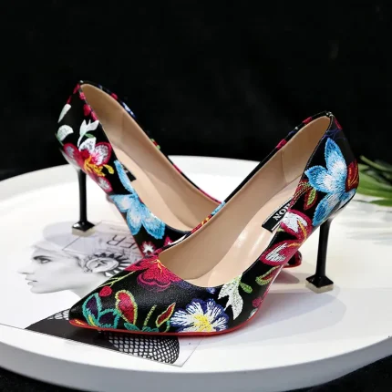 Women Fashion Flower Pattern Pointed Toe Stiletto Shoes Pumps - Image 6