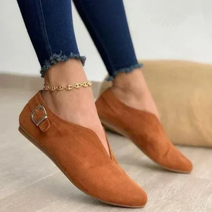 Women Casual Buckle Design V Shaped Solid Color Pointed Toe Flats
