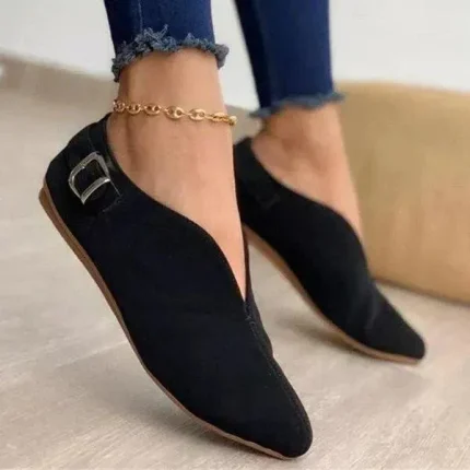 Women Casual Buckle Design V Shaped Solid Color Pointed Toe Flats - Image 2