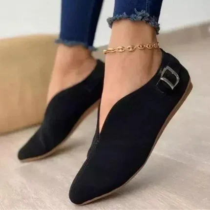 Women Casual Buckle Design V Shaped Solid Color Pointed Toe Flats - Image 3