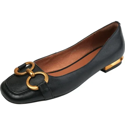 Women Vintage Casual Metal Buckle Decorative Square Toe Low Heel Loafers - Image 8